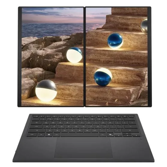 Dual 14 inch OLED touchscreens with magnetic keyboard and kickstand, Ceraluminum finish