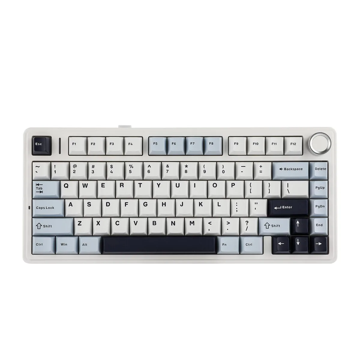 Light blue compact mechanical keyboard with rotary knob and RGB lighting