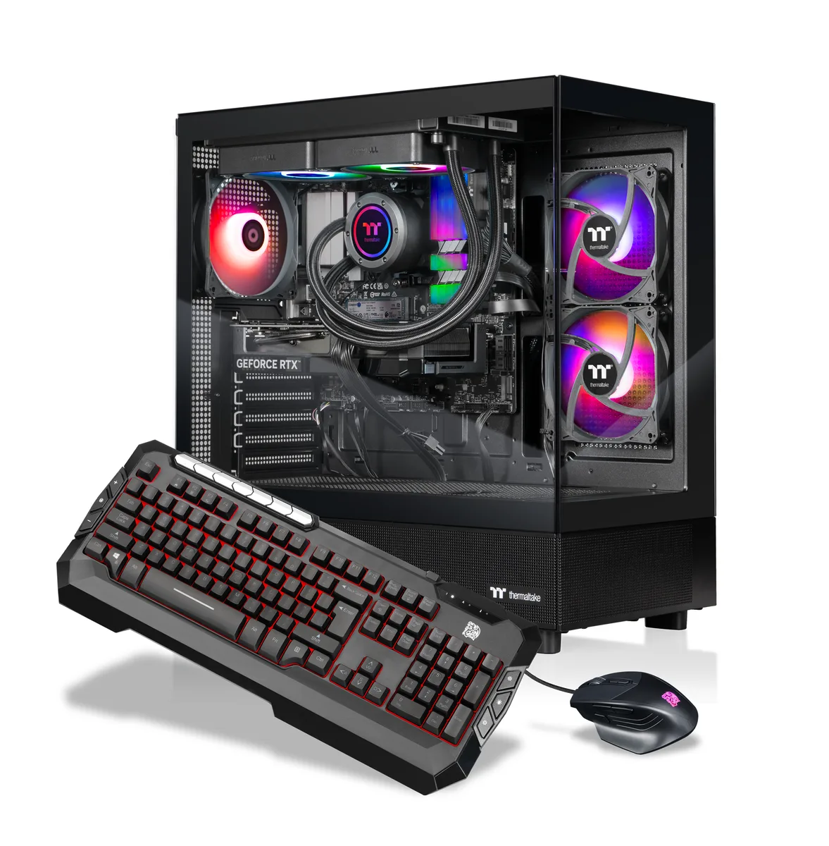 Black mid-tower gaming desktop with 240mm ARGB liquid cooler visible through glass side panel