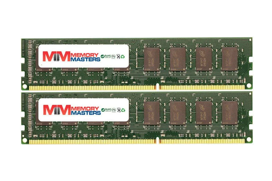 Two green DDR3 desktop memory sticks with black chips and gold contacts