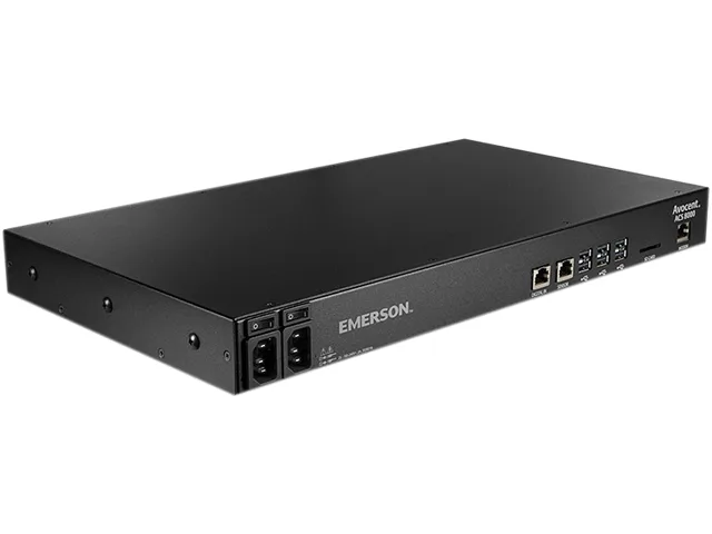 Rectangular desktop console server unit with front panel ports and dual AC power inputs