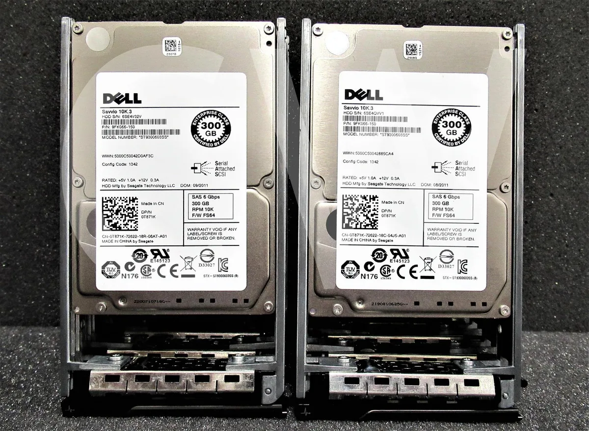 Ten silver 2.5 inch SAS hard drives in black server trays