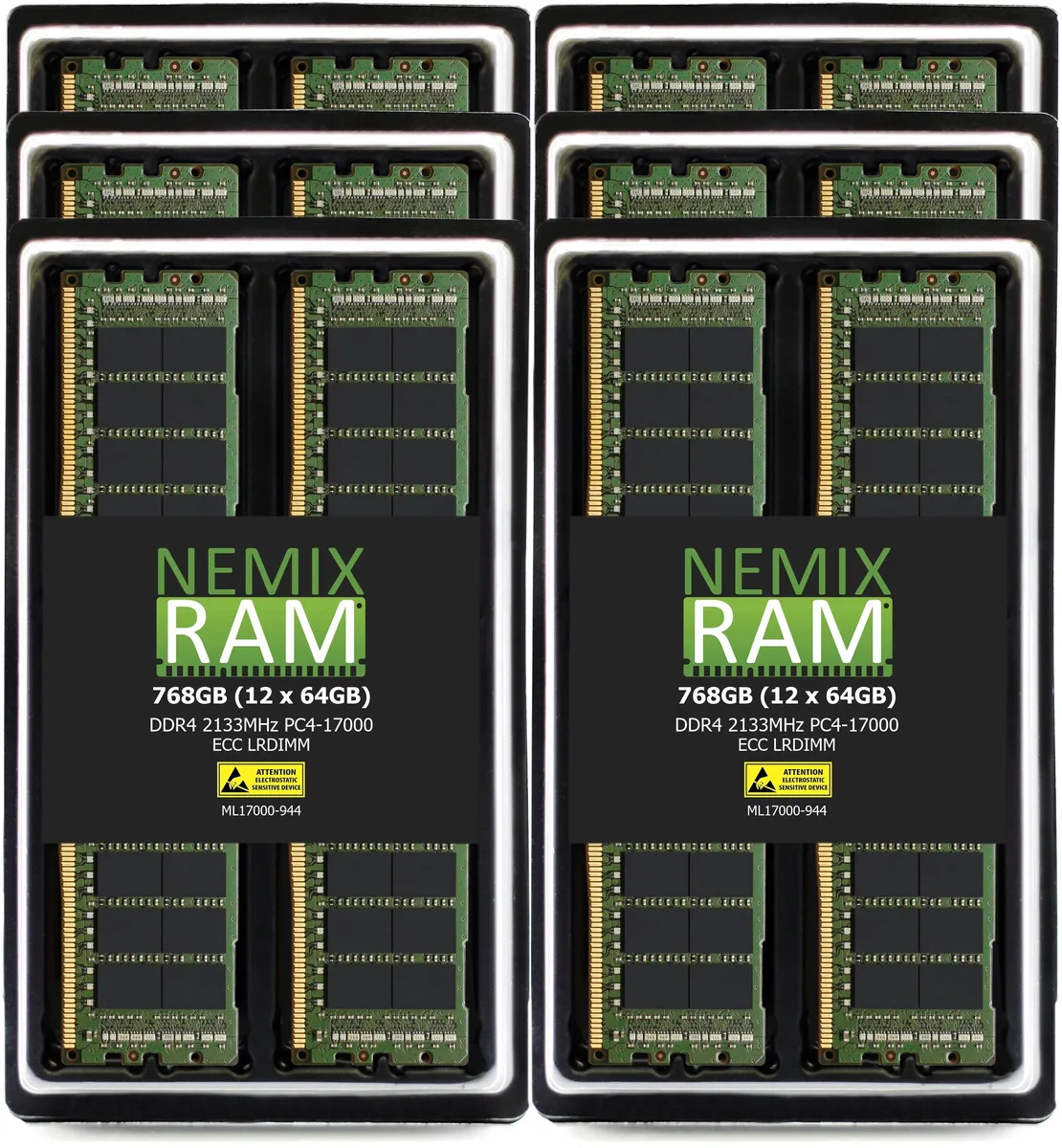 Twelve green DDR4 LRDIMM modules in a row