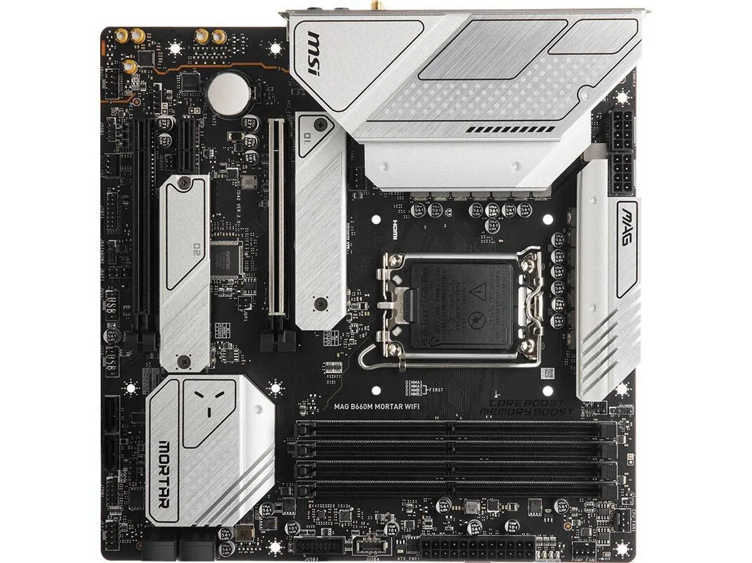 Dark green micro-ATX motherboard with silver heatsinks, black PCB, LGA 1700 socket, four DDR5 slots, two full-length PCIe slots
