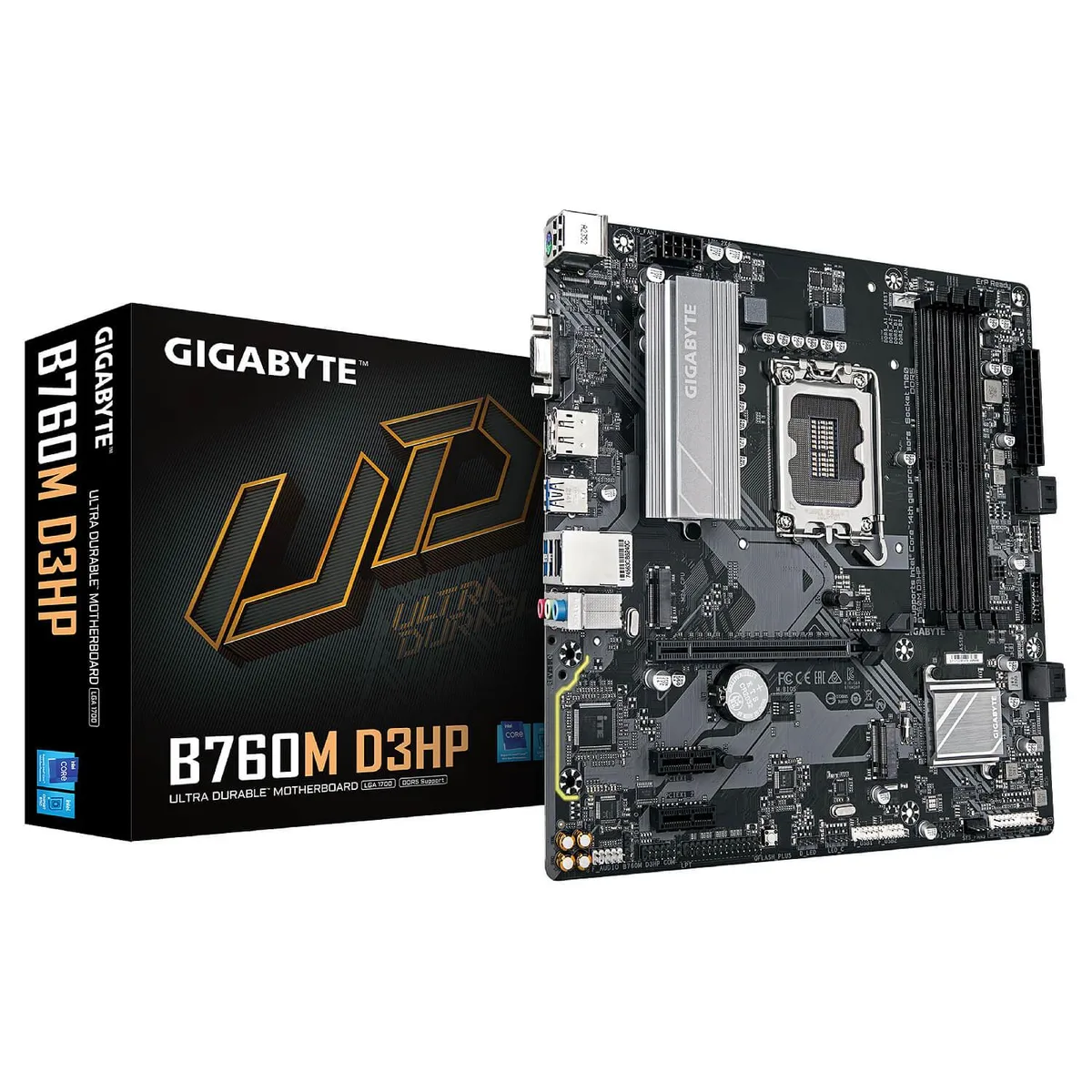 GIGABYTE B760M D3HP micro ATX motherboard dark PCB silver heatsinks LGA 1700 socket four DDR5 slots two M.2 slots rear I/O panel HDMI