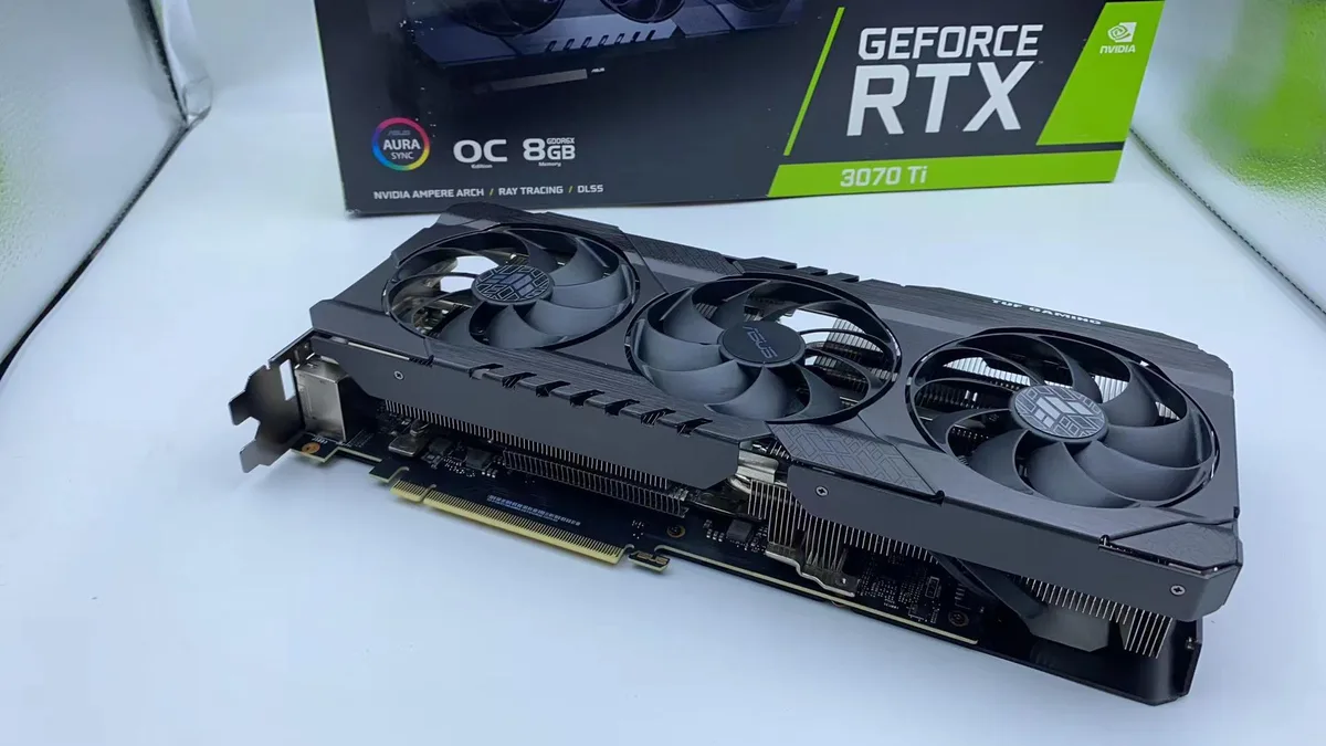 ASUS ROG Strix RTX 3070 Ti graphics card in black with triple axial-tech fans