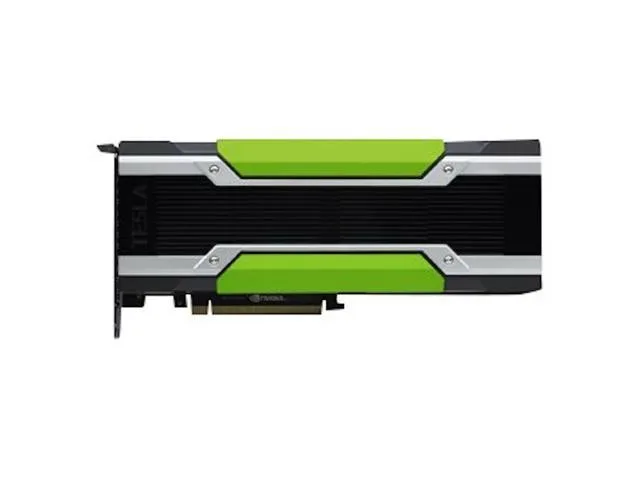 Black and silver dual-slot GPU accelerator with green accents, passive heatsink, PCI Express 3.0 x16 edge connector, no fan visible
