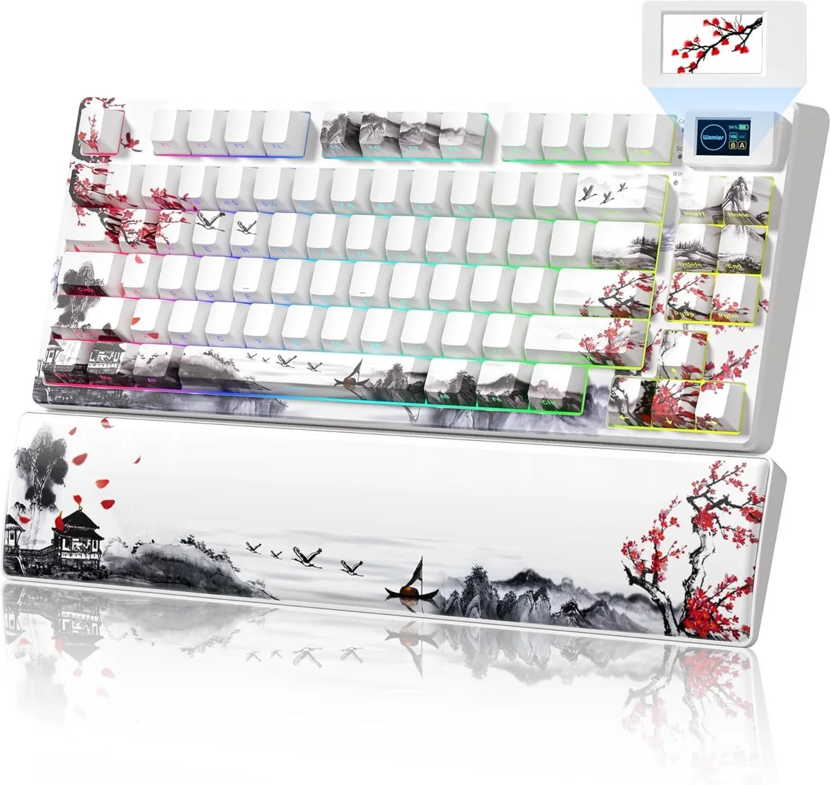 75 percent wireless keyboard in red plum with angled colour screen and leather wrist rest