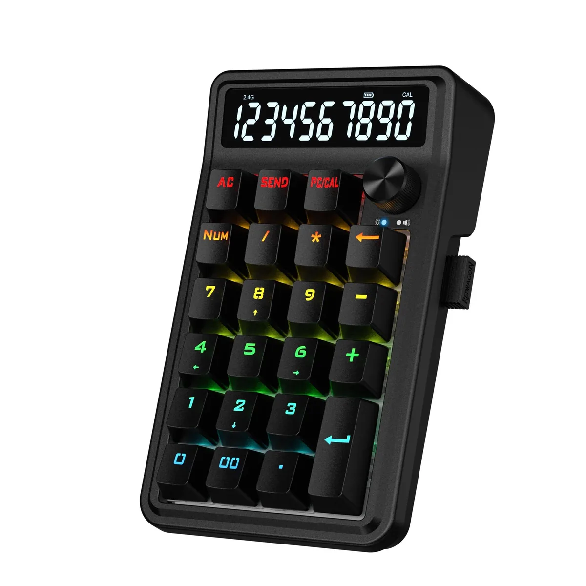 Black 22-key wireless numpad with 10-digit calculator display and rotary knob