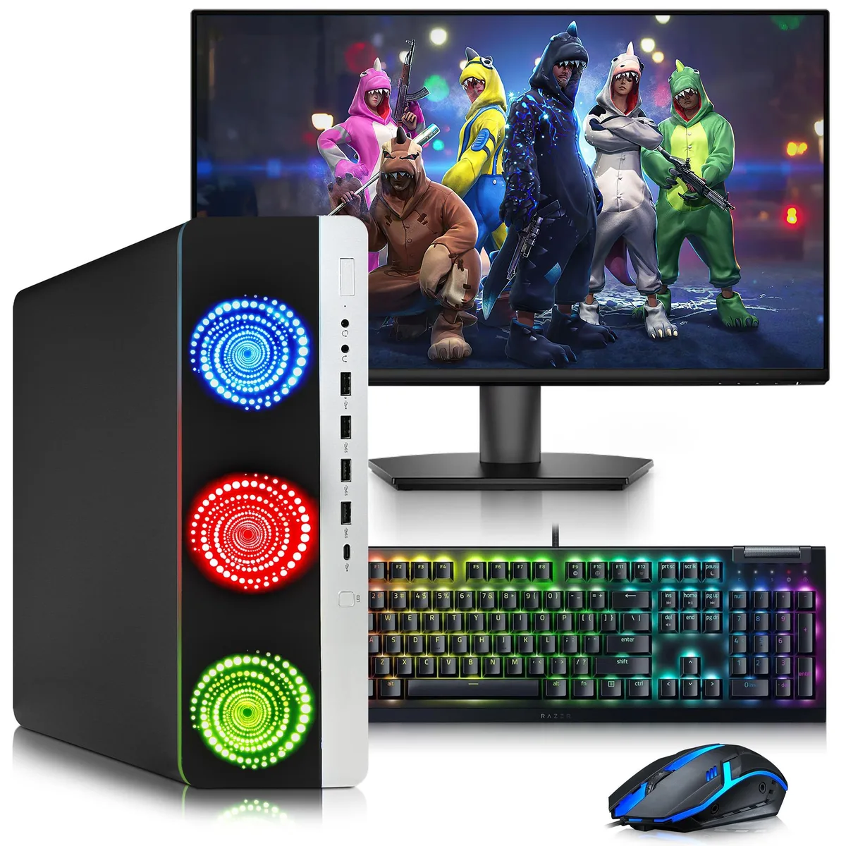 Black HP EliteDesk 800 G3 small form factor desktop with 24 inch monitor, RGB keyboard and mouse