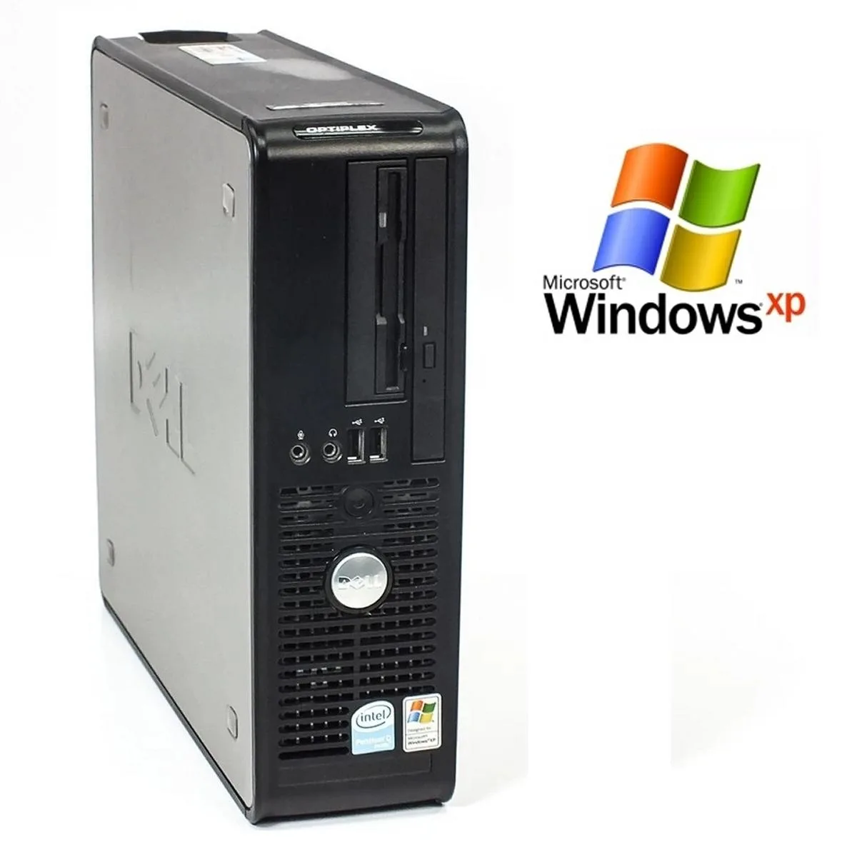 Small black Dell OptiPlex 745 desktop tower with 3.5 floppy slot