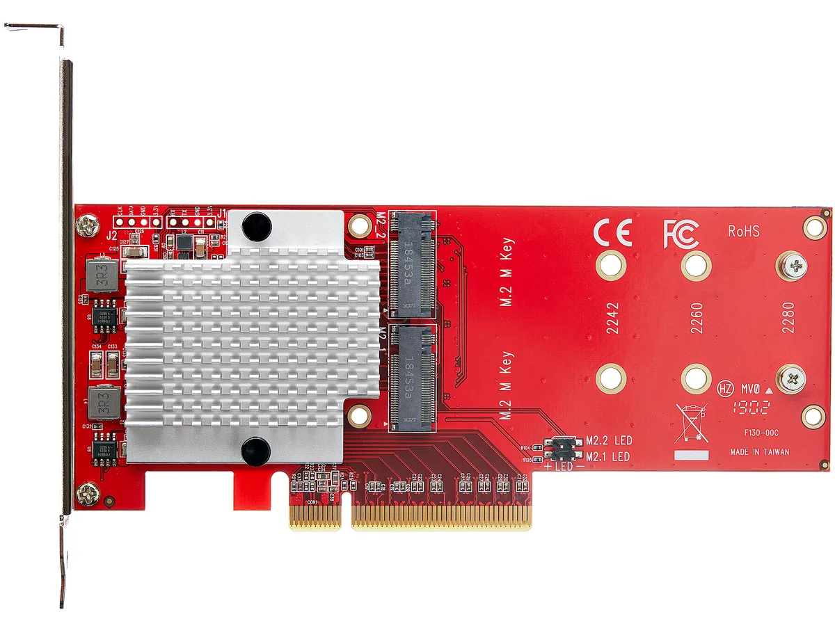 Green circuit board with two M.2 slots and a PCIe x8 edge connector