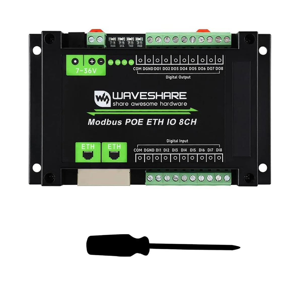 Rectangular DIN-rail enclosure with dual Ethernet ports and status LEDs