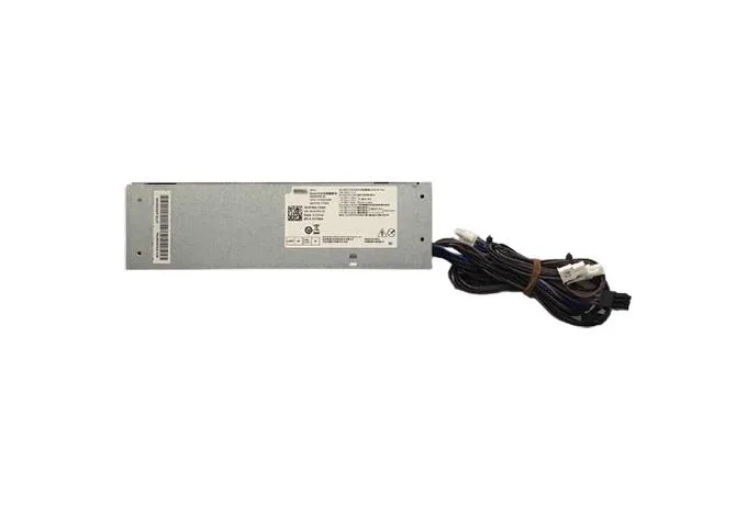 Rectangular silver ATX power supply unit with ventilation grille and power connectors
