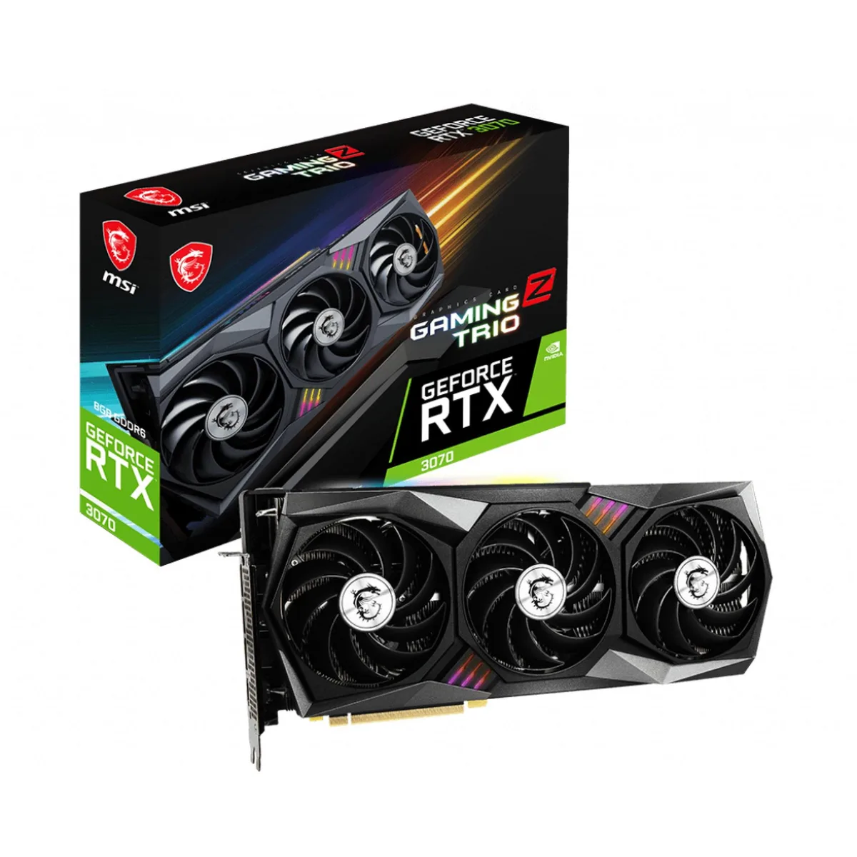 Triple-fan graphics card with silver shroud and RGB lighting