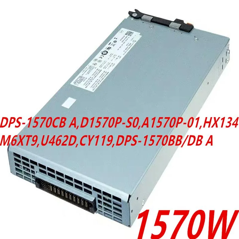 Rectangular metal power supply unit with ventilation grille and label showing model numbers