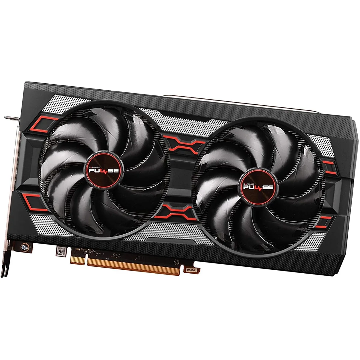 Black dual-fan graphics card with metal backplate, three Mini DisplayPort and one HDMI
