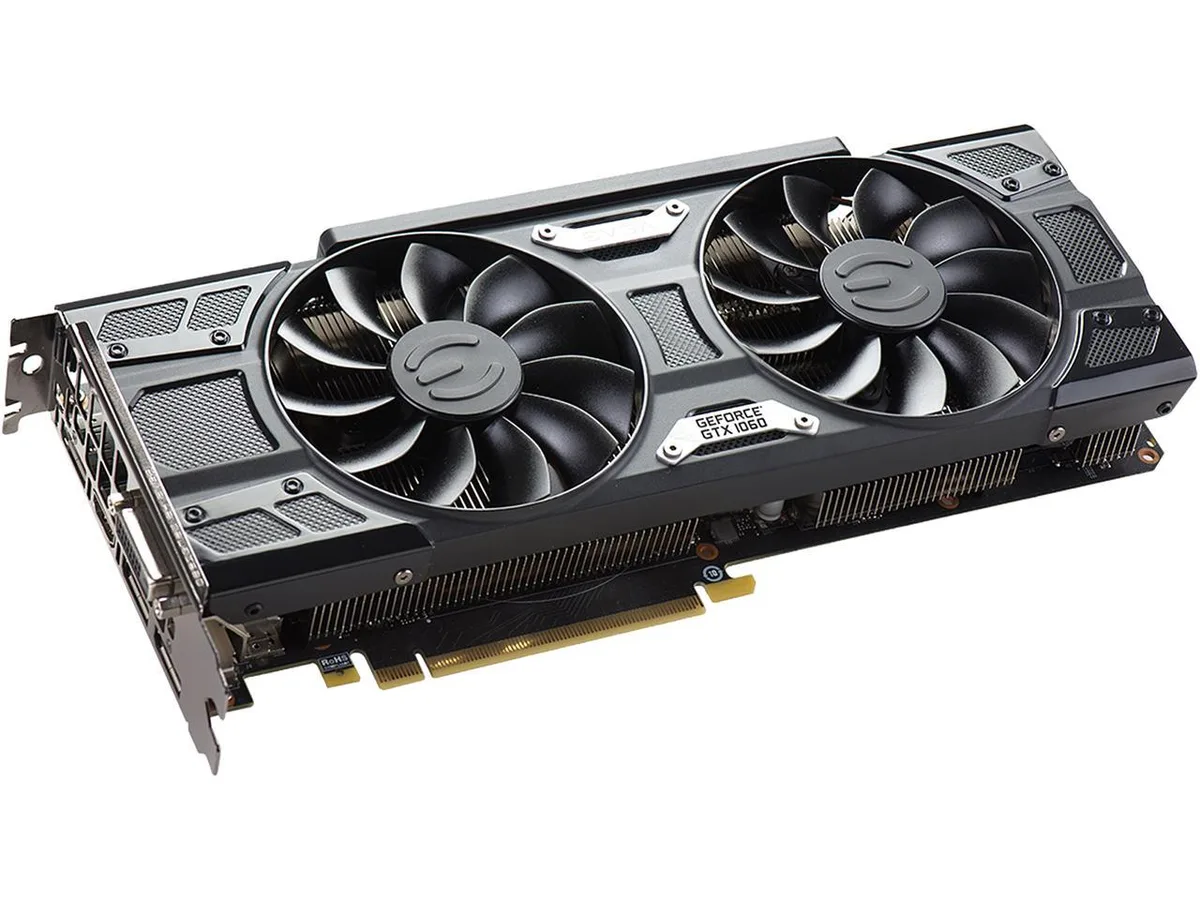 EVGA GTX 1060 graphics card with dual-fan cooler and metal backplate