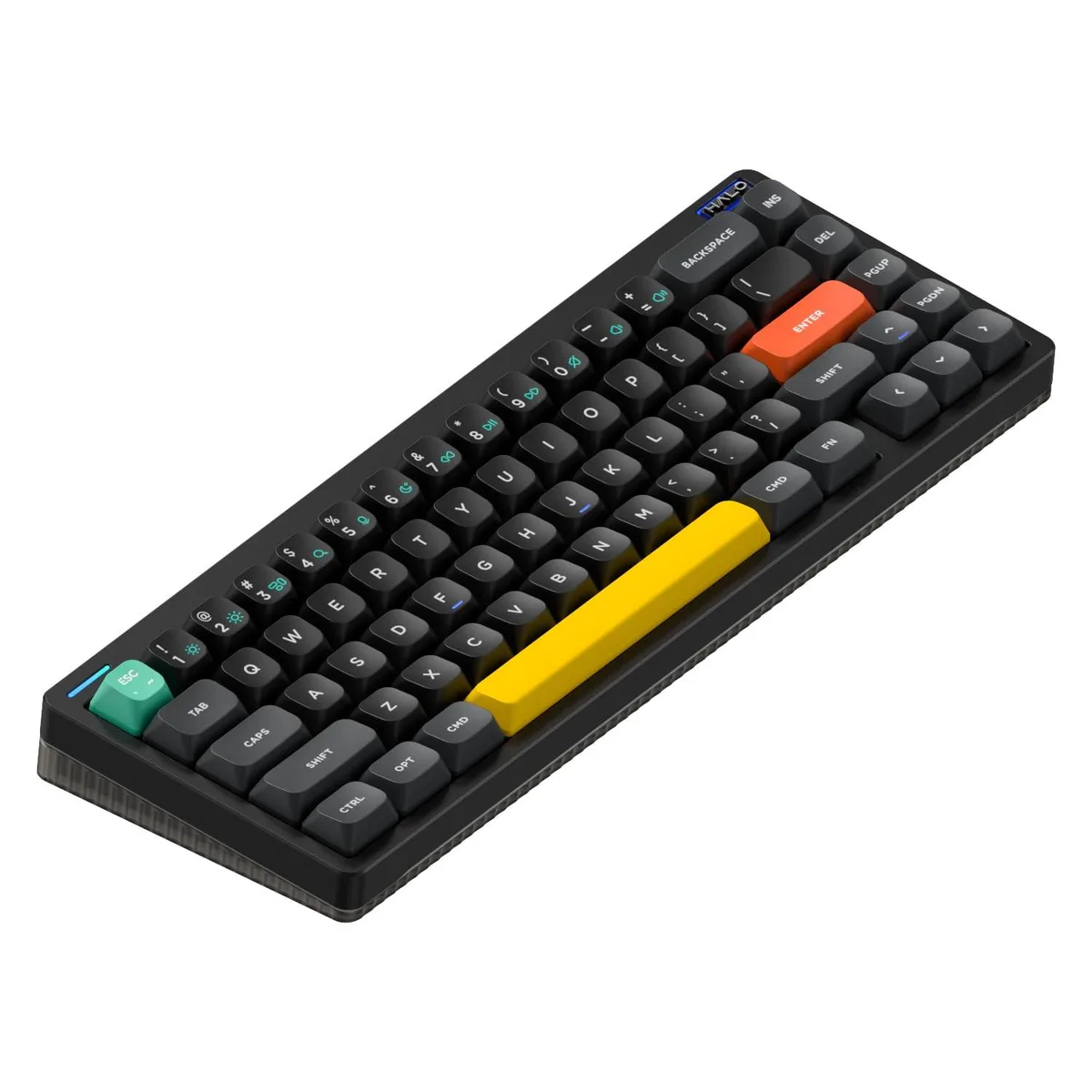 Compact black aluminium keyboard with raspberry switches and RGB backlighting