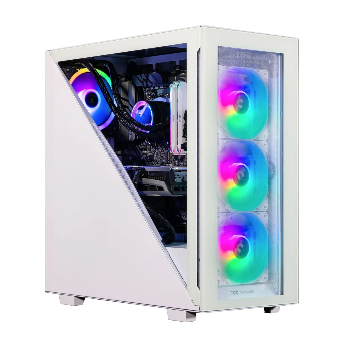 White mid-tower gaming desktop with RGB liquid cooler visible inside
