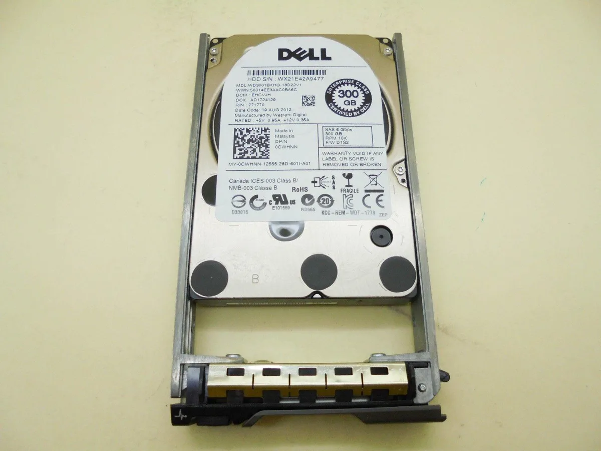 A silver 2.5 inch SAS hard drive with a label showing 300GB 10K RPM