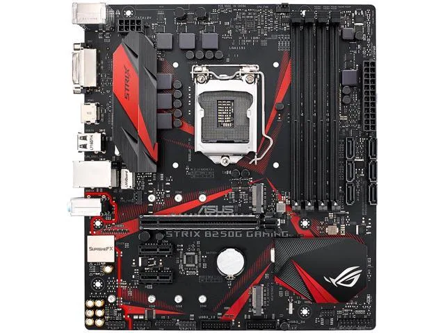 ASUS ROG STRIX B250G GAMING micro-ATX motherboard, black PCB with silver heatsinks and reinforced PCIe slot