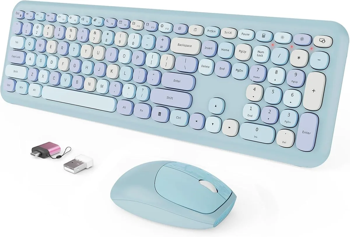 Blue 68-key wireless keyboard and mouse combo with oval keycaps