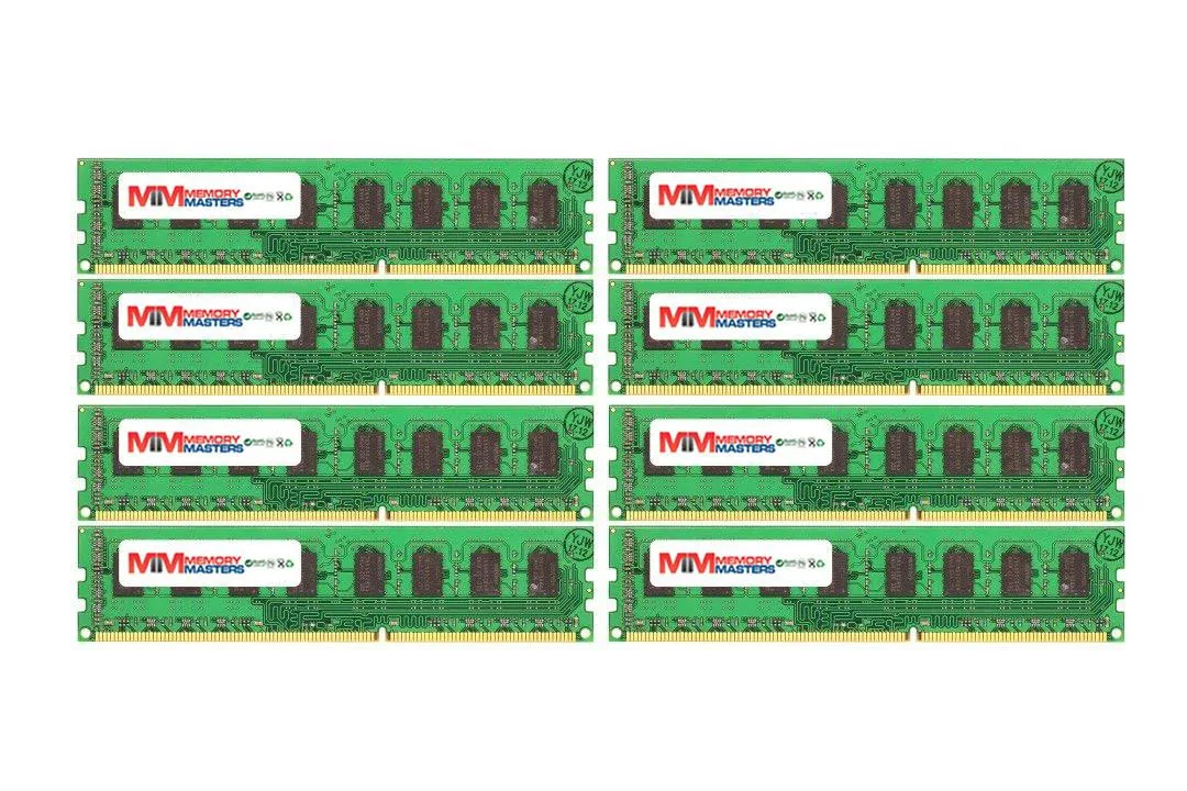 Eight green DDR3 memory sticks with black heat spreaders