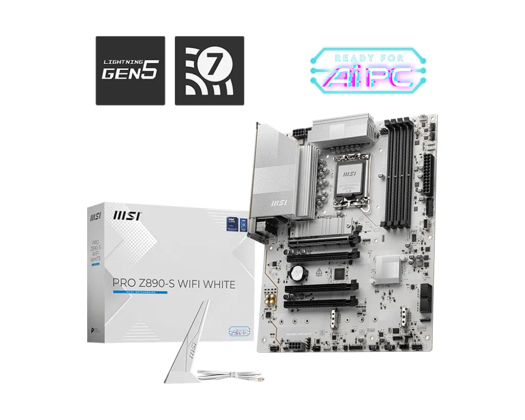 White ATX motherboard with silver heatsinks and black PCB