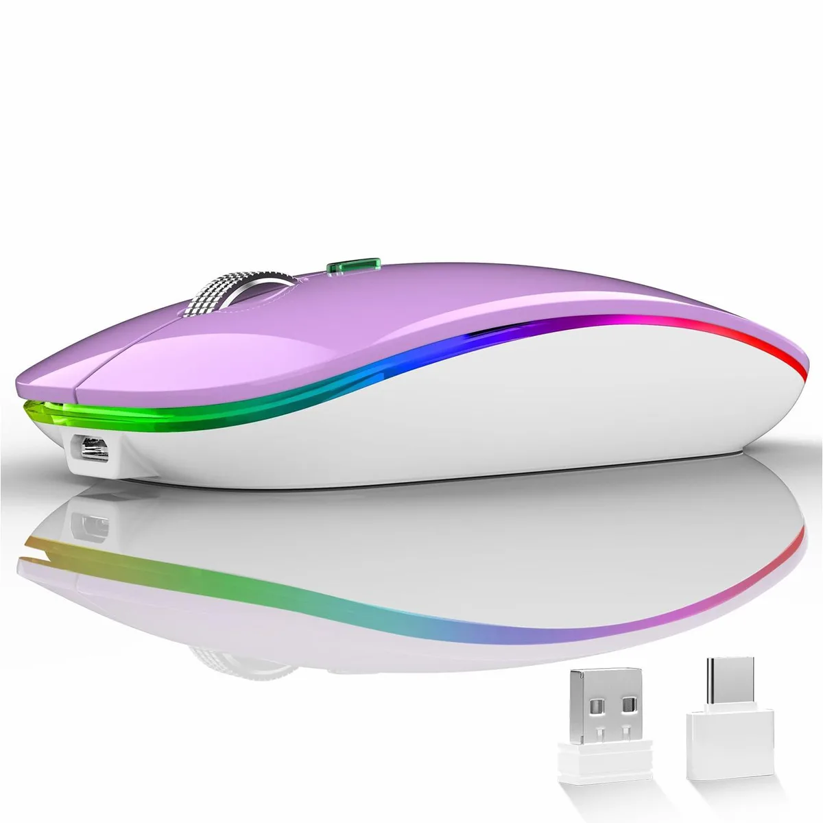Purple right-handed gaming mouse, slim oval shape, matte finish, 16 buttons, touch scroll area, USB receiver stored underneath