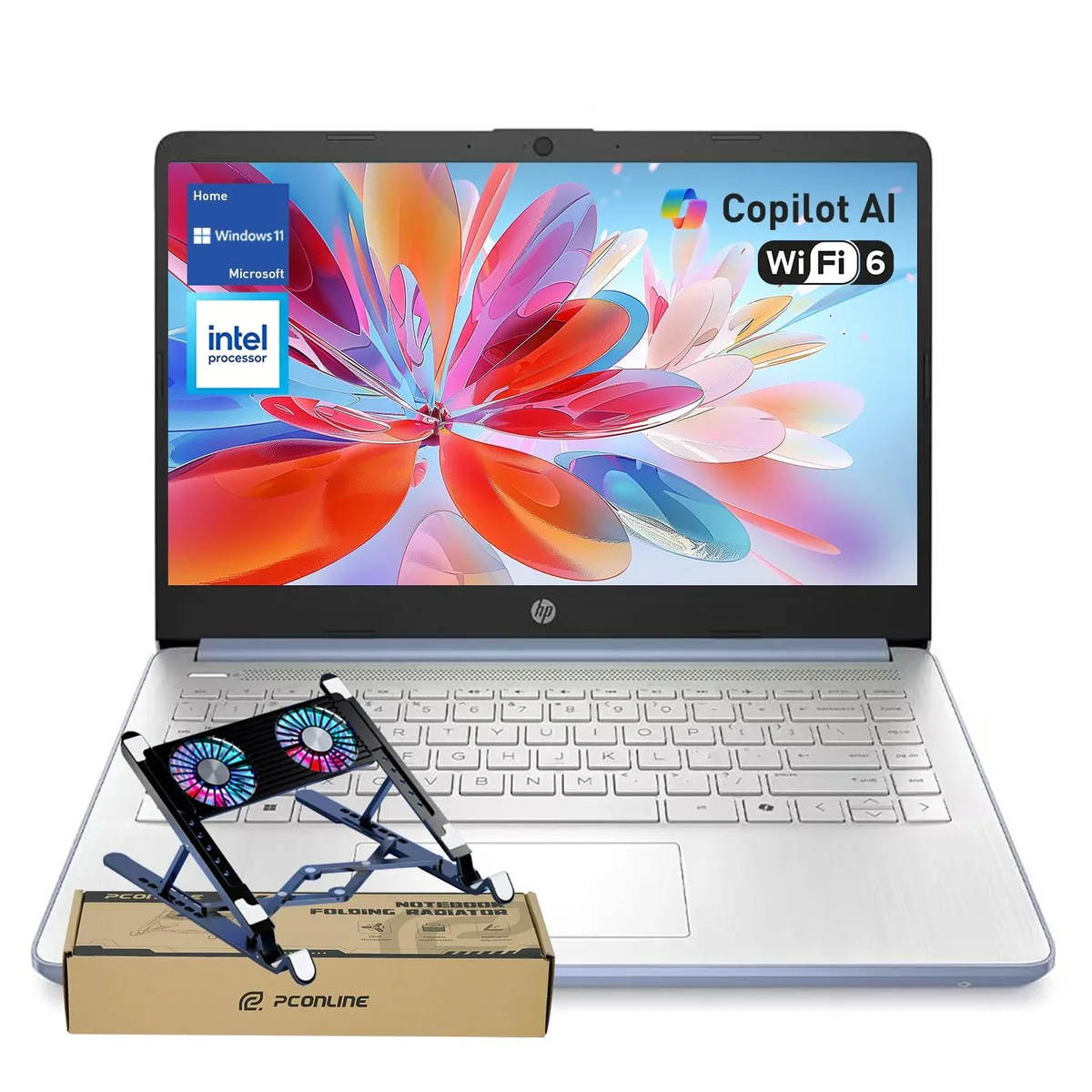 Sky-blue 14-inch laptop with micro-edge display and matching cooler
