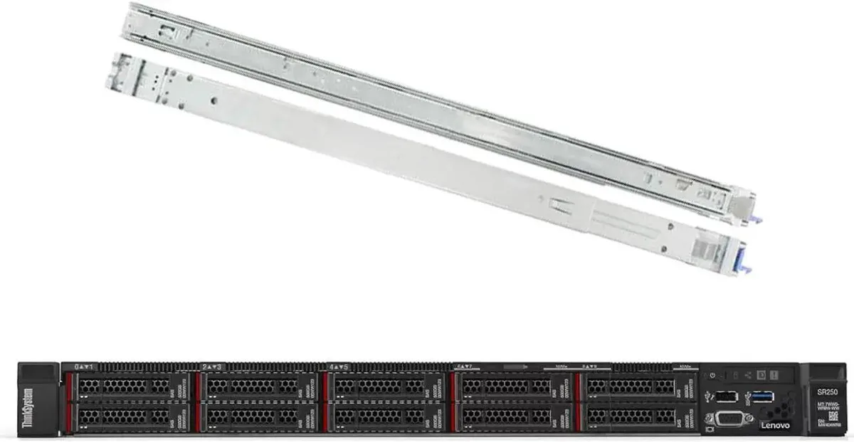 Lenovo ThinkSystem SR250 1U rack server with four 3.5-inch drive bays and rail kit