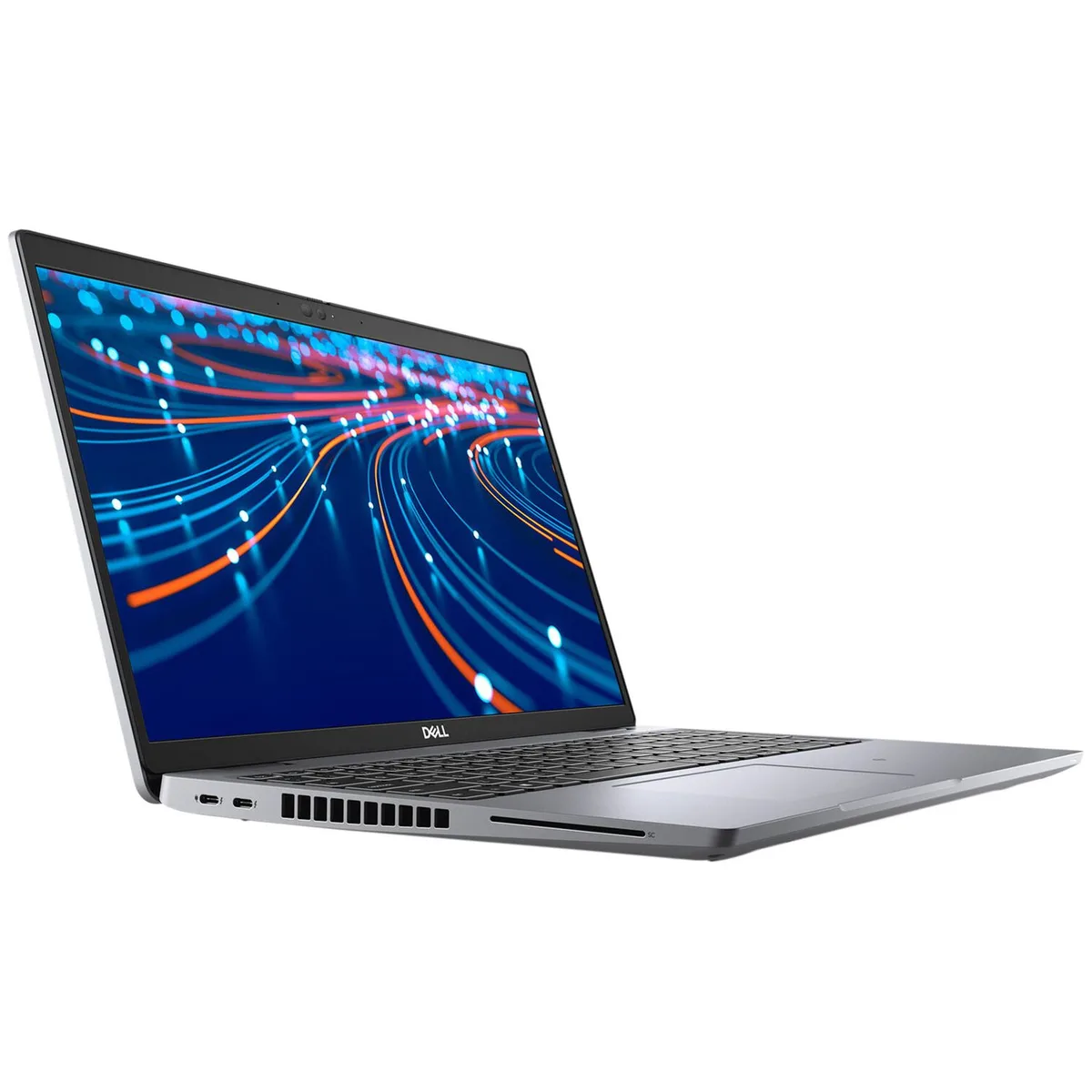 Silver 15.6 inch touchscreen laptop closed showing Dell logo