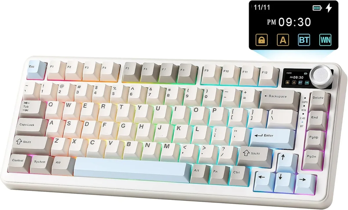 Beige 75 percent wireless mechanical keyboard with LCD screen and rotary knob