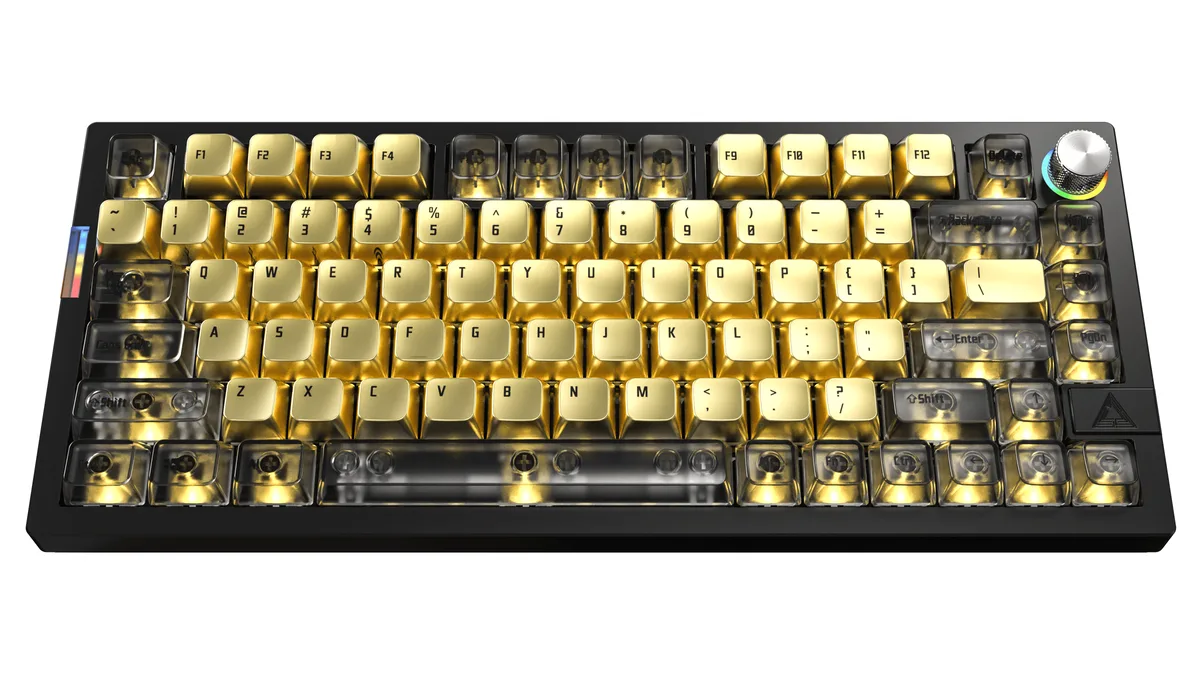 Compact 75 percent mechanical keyboard in black with gold accents, transparent keycaps and per key RGB lighting