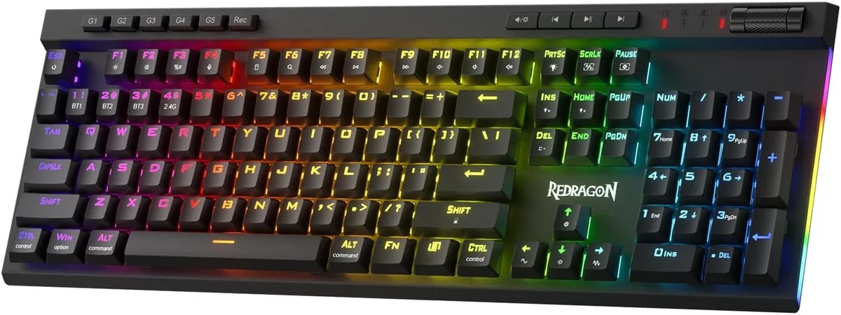 Black full-size mechanical gaming keyboard with red switches and RGB backlighting