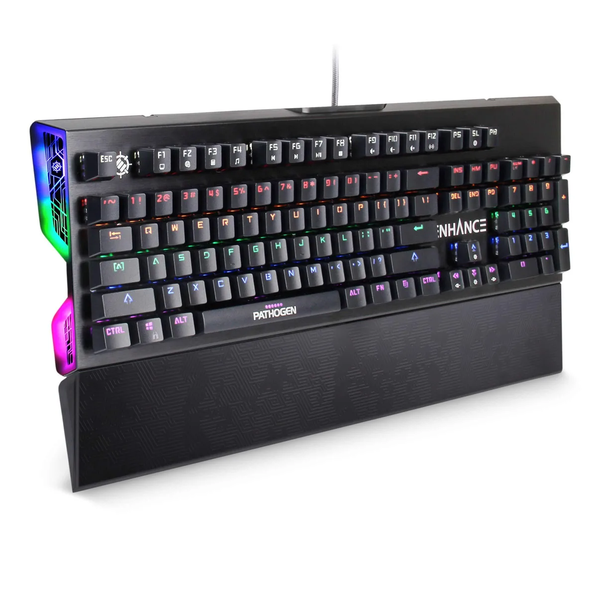 Black aluminium gaming keyboard with rainbow LED backlighting and detachable wrist rest