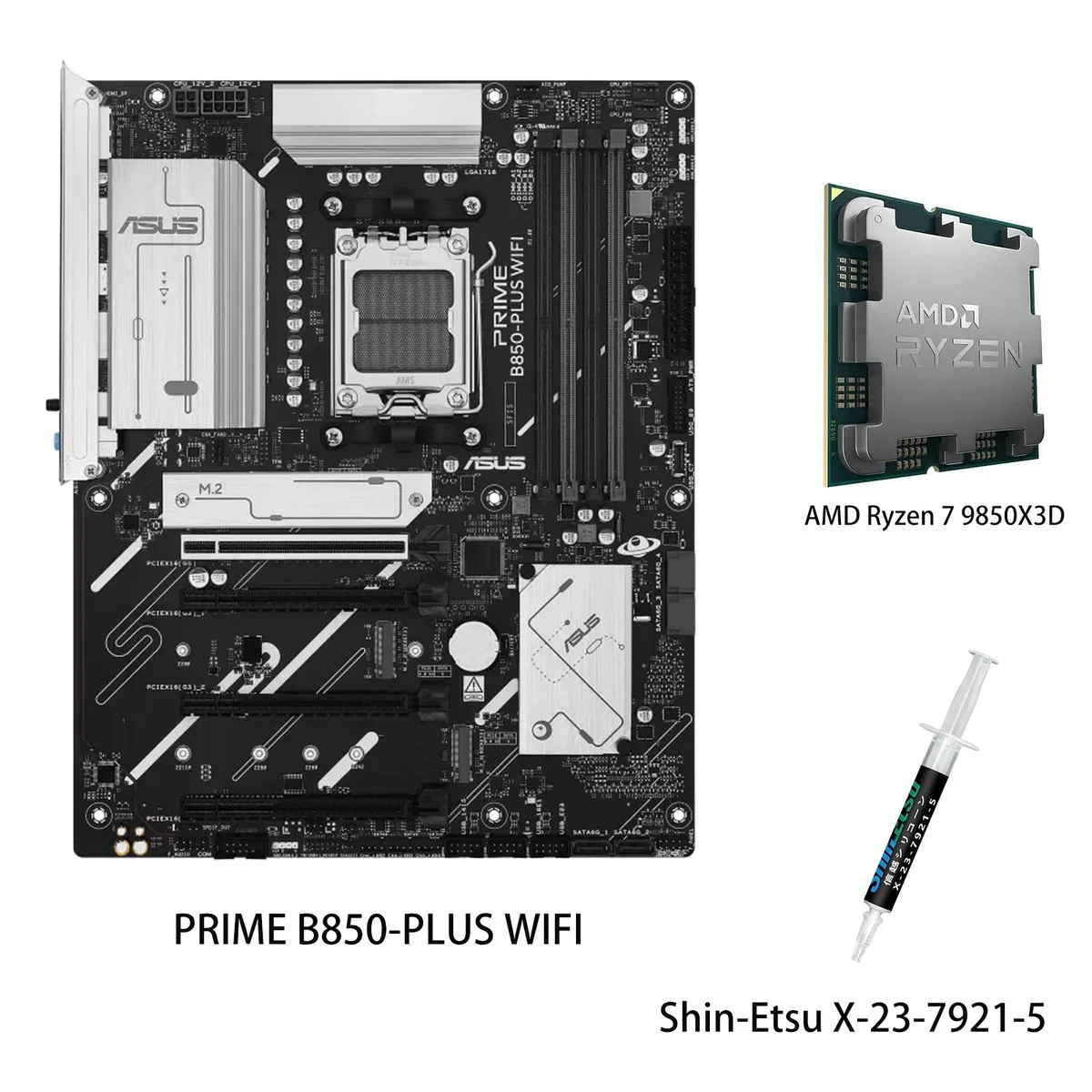 ASUS PRIME B850-PLUS WIFI ATX motherboard with Ryzen 7 9850X3D CPU installed, silver heatsinks and black PCB