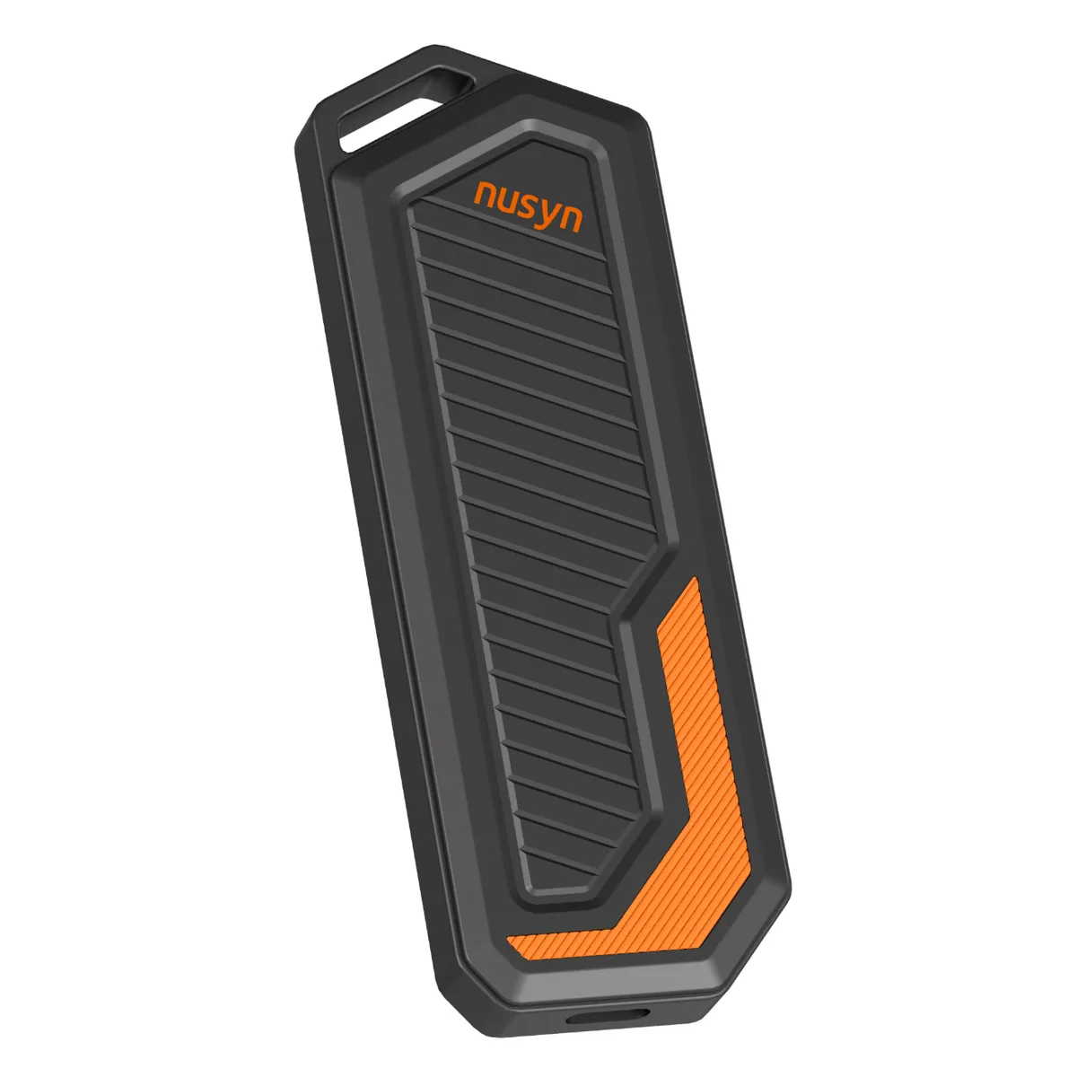 Compact grey rectangular SSD with USB-C port and carabiner loop