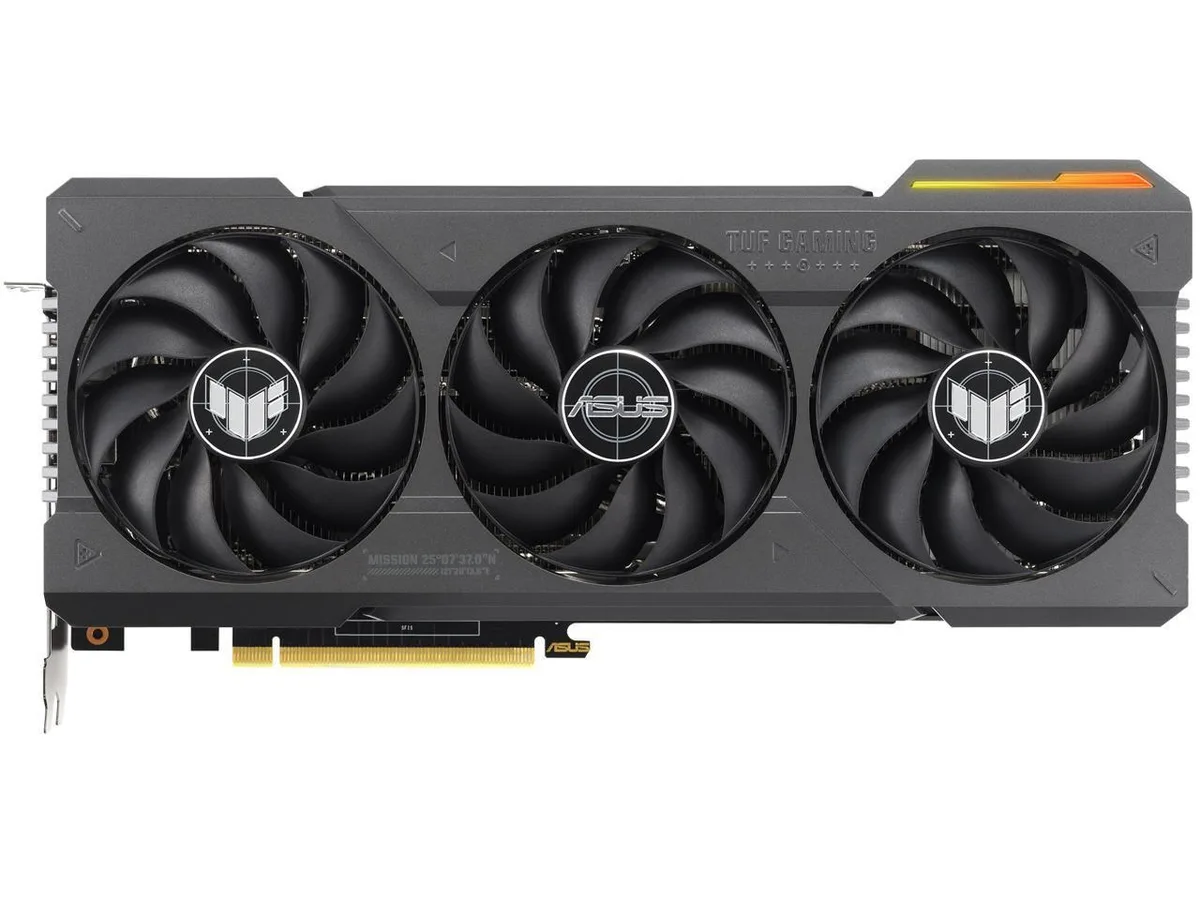 Full-length graphics card with three axial fans, metal backplate and industrial silver-grey finish