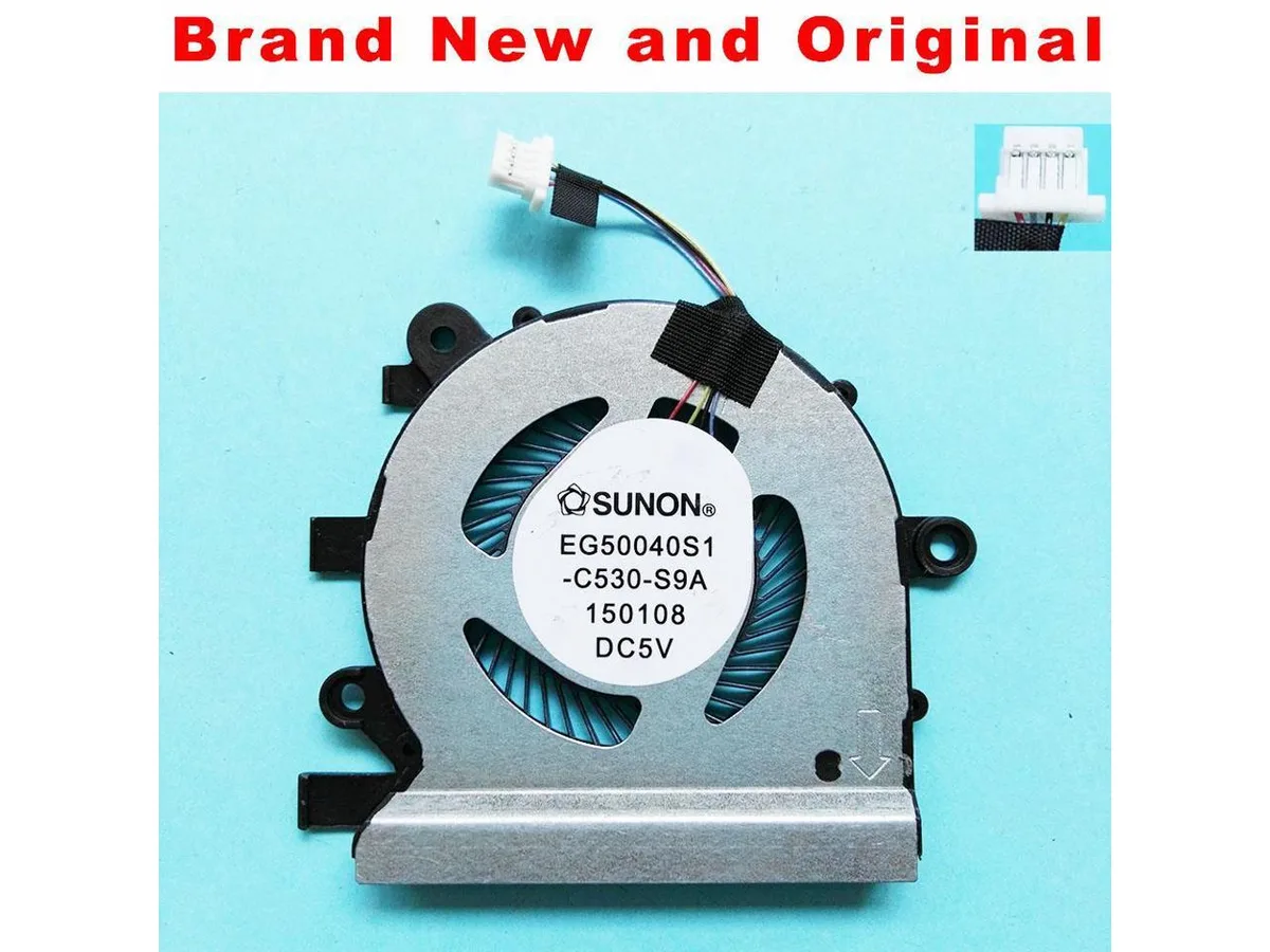 Small black laptop CPU cooling fan with plastic housing and wire connector