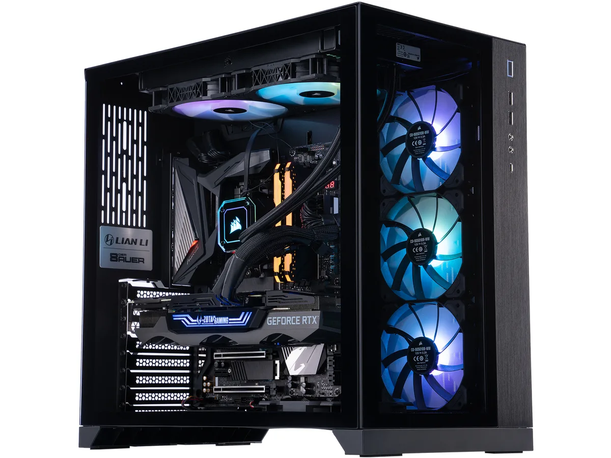 Black mid-tower case with tempered glass side panel showing RGB-lit components inside