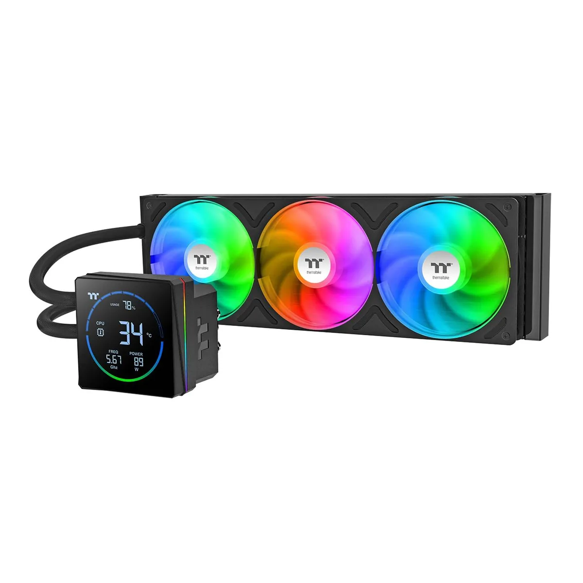 Black 360mm AIO with three 120mm fans in single frame, rotatable pump head and 3.95 inch segment LCD display