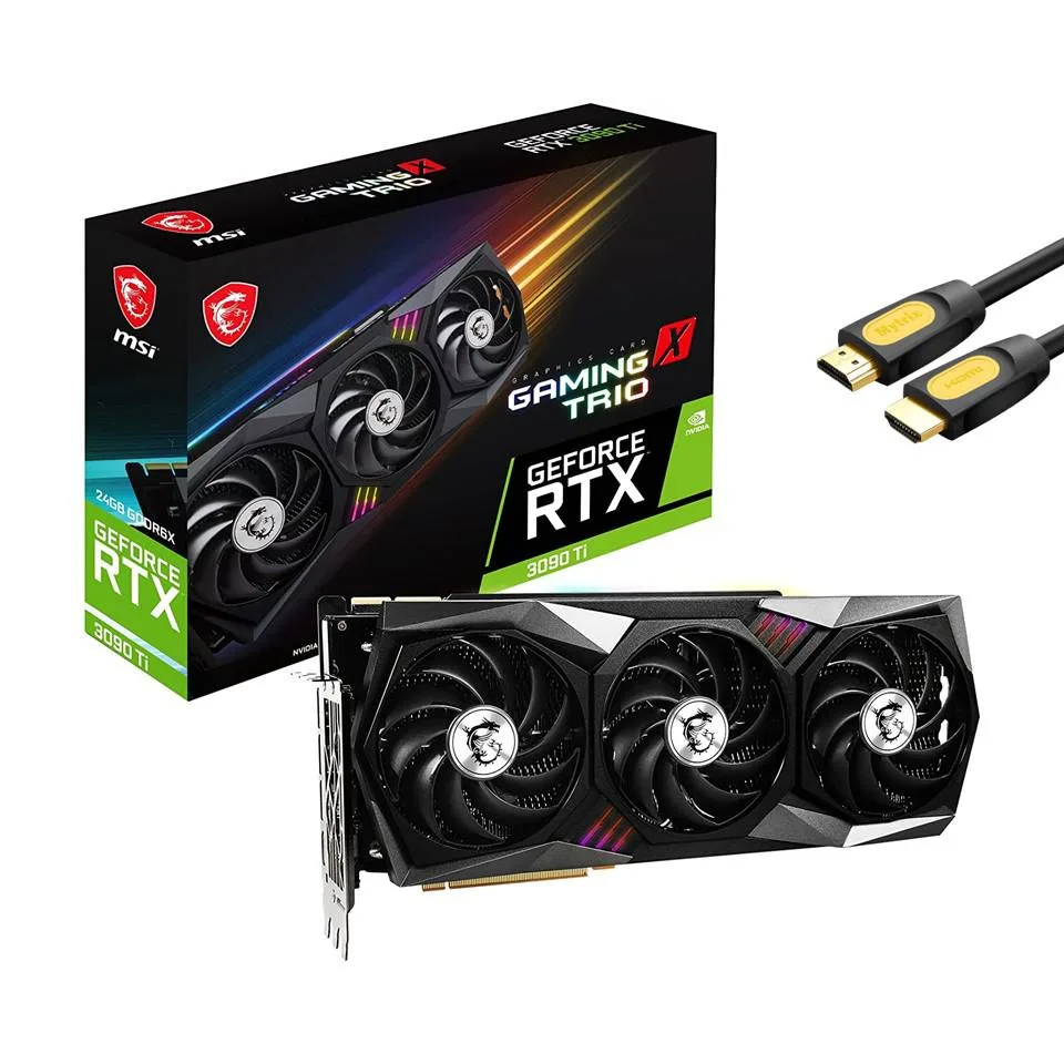 Triple-fan graphics card in black and silver finish, triple-slot ATX form factor