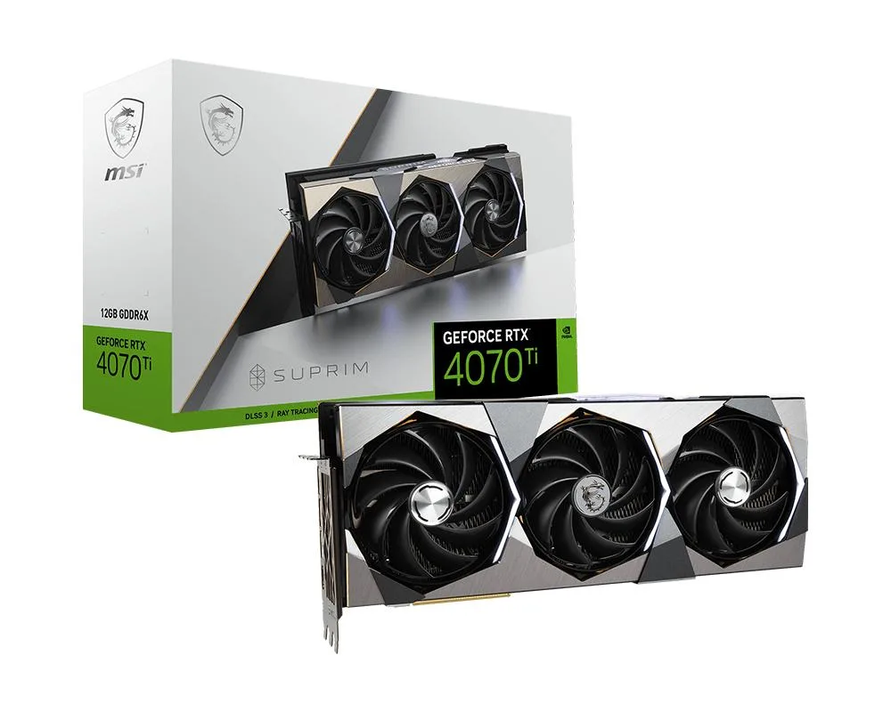 MSI Suprim X GeForce RTX 4070 Ti graphics card with brushed metal shroud and three axial fans