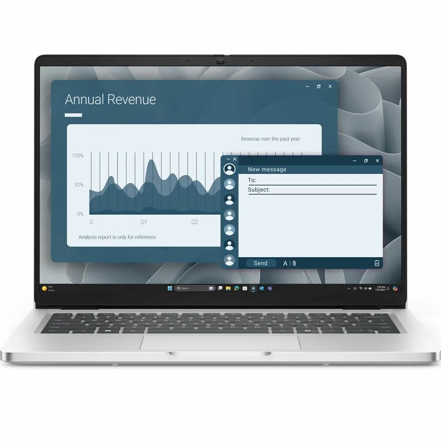 Dark grey 14 inch laptop with matte finish, thin bezels, and compact form factor
