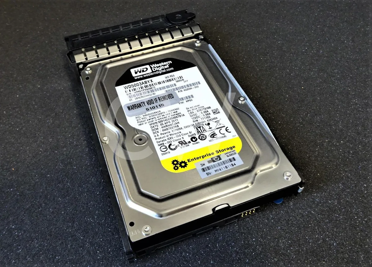 Silver 3.5 inch SATA hard drive in black hot-plug carrier tray