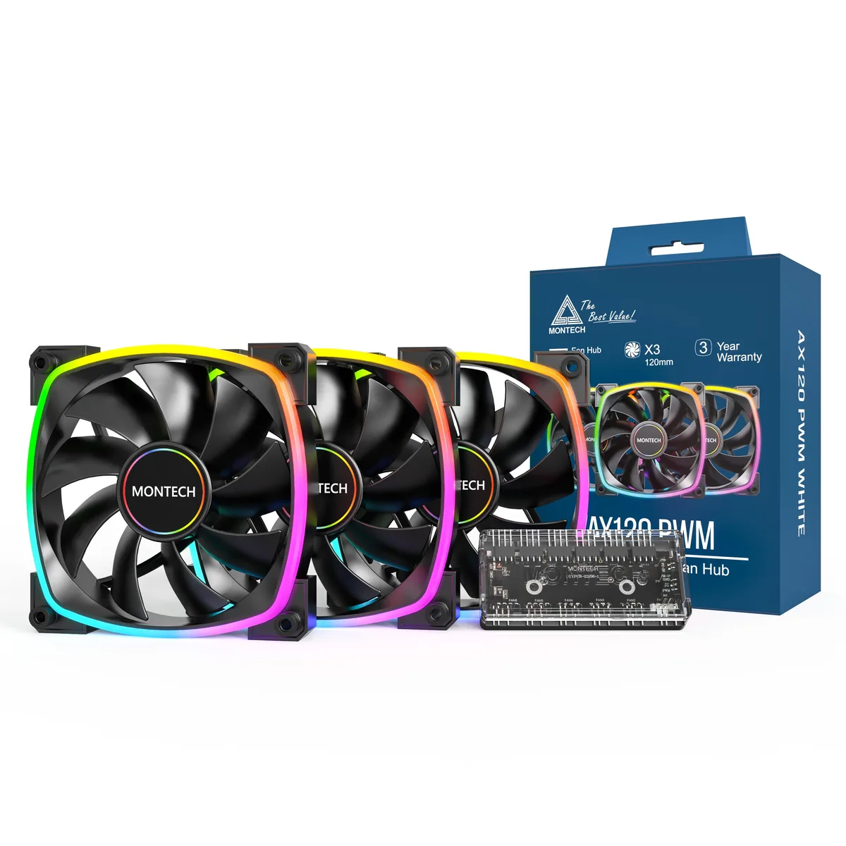 Montech Montech AX120-3in1B 120mm ARGB case fan 3-pack with 6X6 hub — foto produk