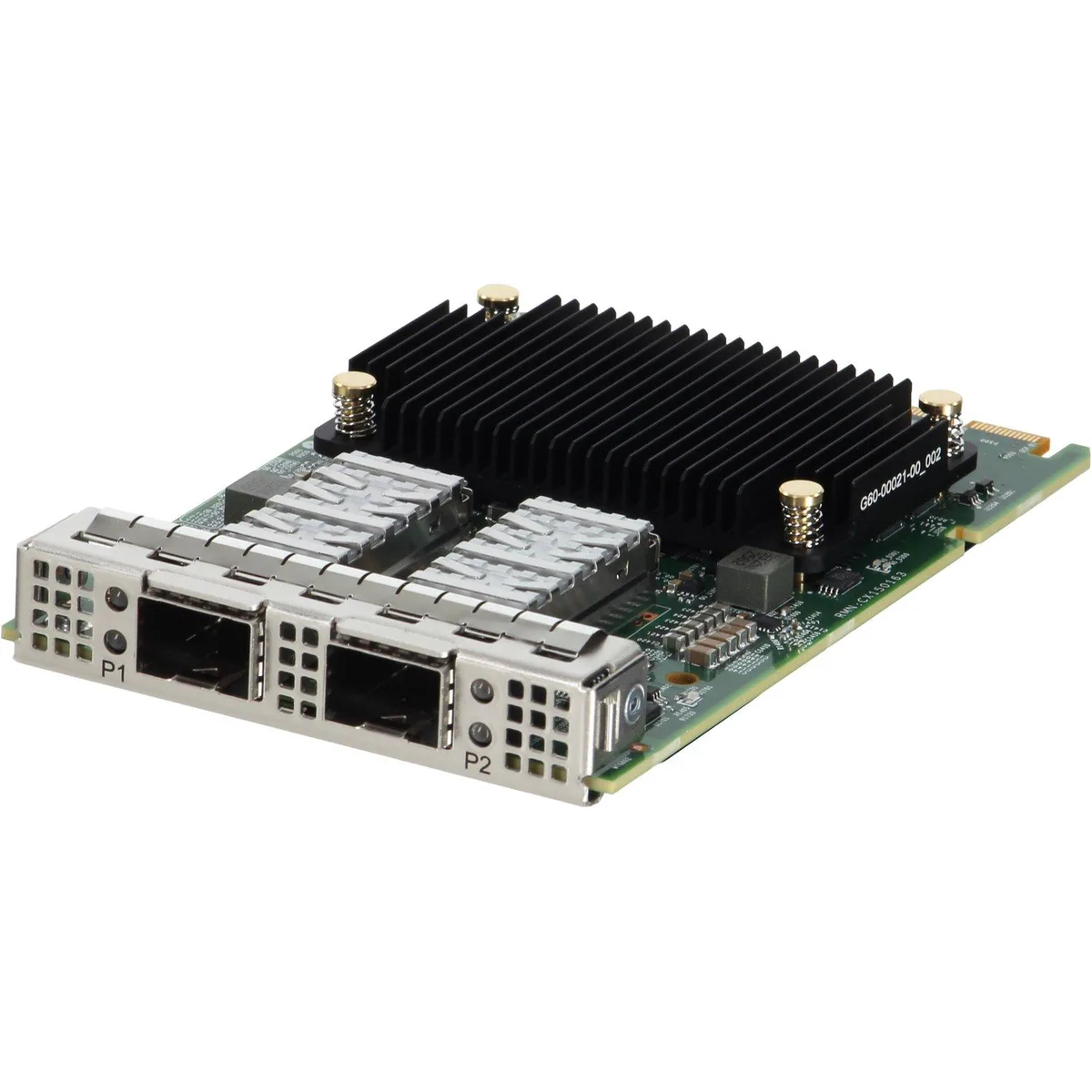 Green circuit board with two SFP28 cages and gold edge connector