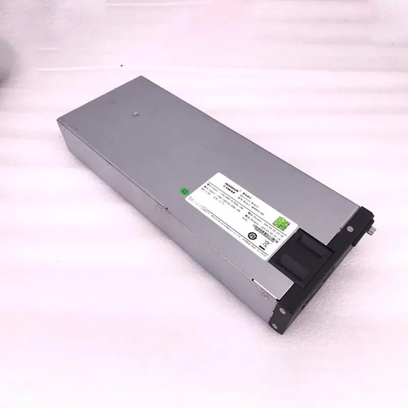 Rectangular silver metal power supply module with front label